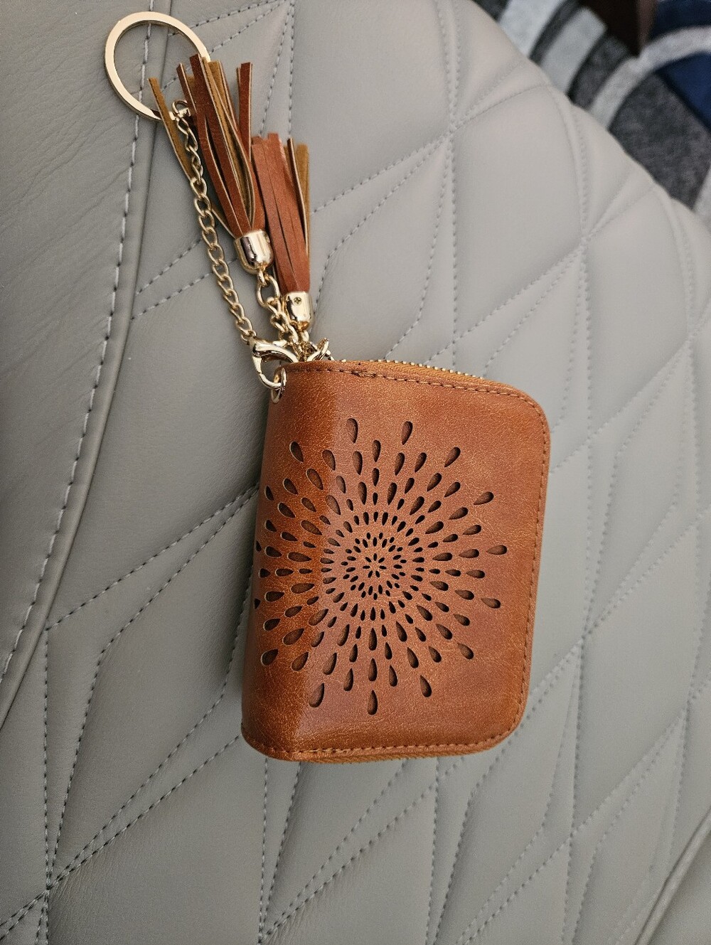 Tassel Keychain Card Wallet - Brown Laser-Cut Floral Design